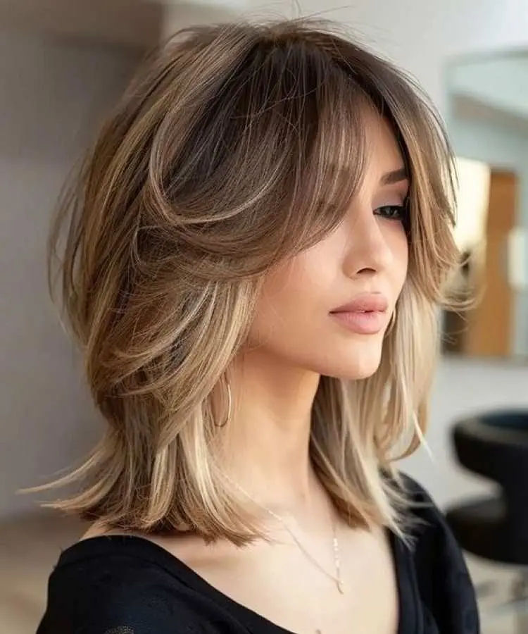 Mulher com cabelo médio castanho claro com mechas loiras, corte em camadas volumosas e franja cortina. O penteado é elegante e moderno, emoldurando o rosto suavemente. O fundo interno desfocado destaca o estilo e os detalhes do cabelo.