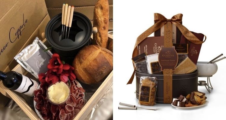 Cestas de fondue com aparelho e guloseimas 