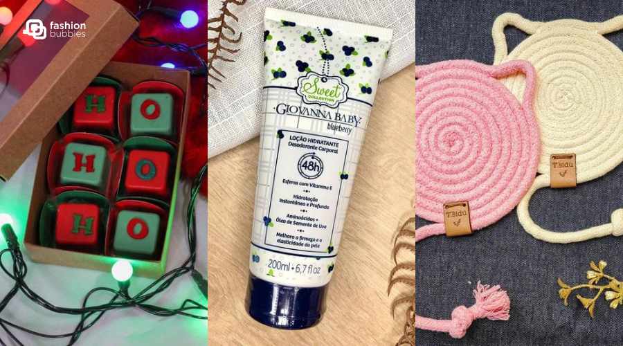 Montagem com 3 opções de presentes até R$ 20,00 para amigo ladrão: caixa de chocolates natalinas, creme corporal da Giovanna Baby, e porta copos artesanais em rosa e bege
