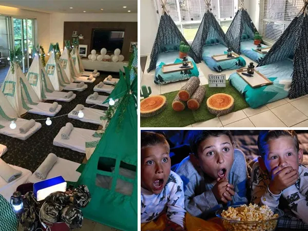 Montagem com 3 fotos: duas de cabanas para festa do pijama e uma de três crianças assustadas vendo filme e comendo pipoca