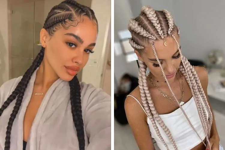 Montagem dois estilos de trança africana em cabelos longos, trançado até as pontas, um preto e outro platinado