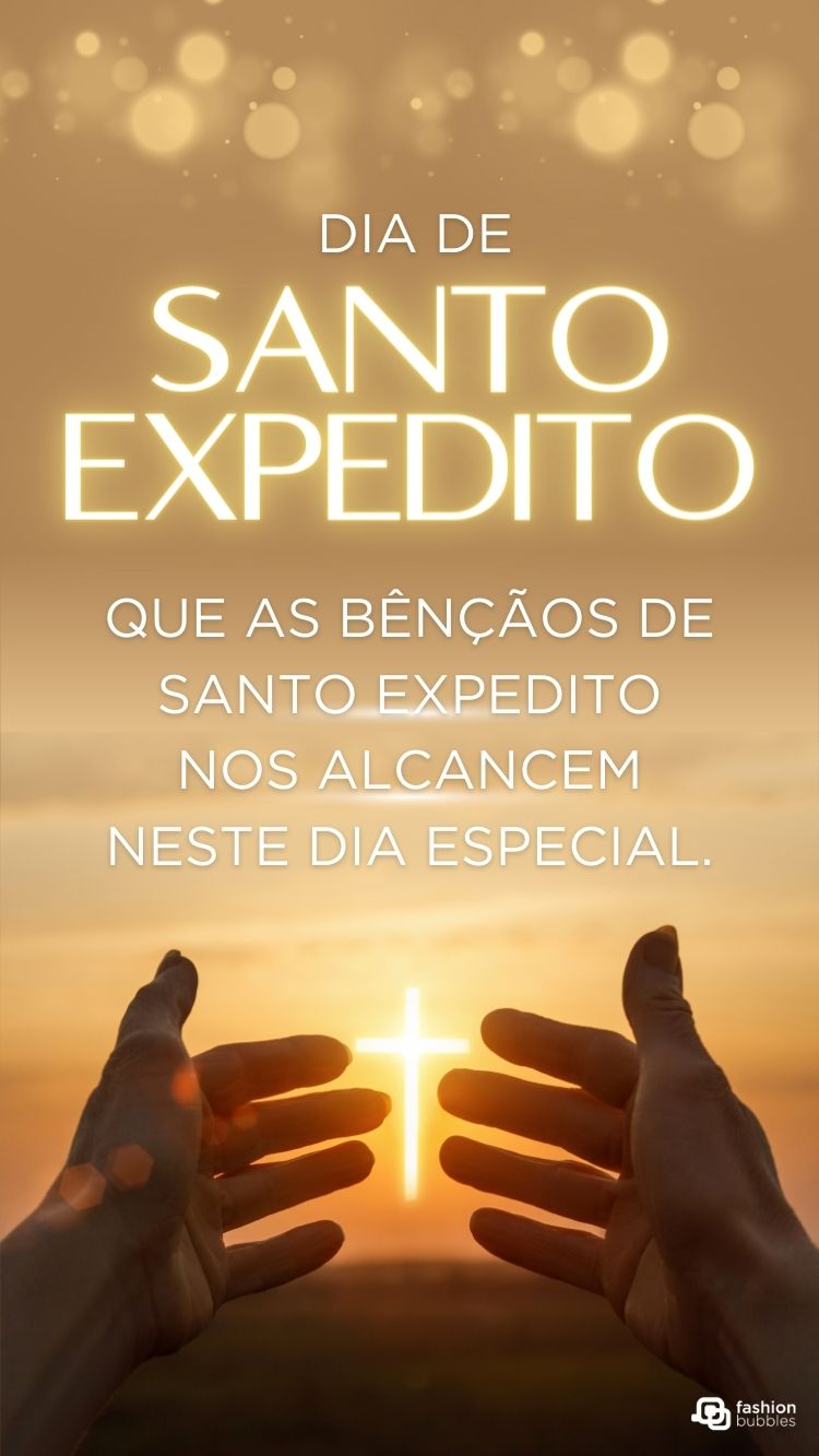 Frase ao padroeiro das causas urgentes escrita em foto de mãos orando em direção ao céu, com cruz brilhante no centro