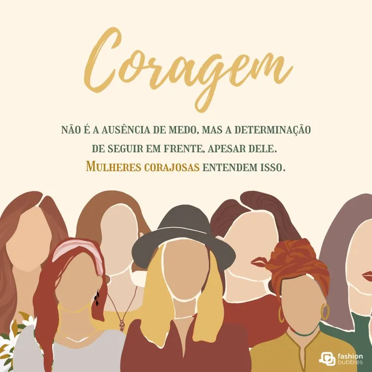 Frase de mulher forte em amarelo e verde-escuro escrito em fundo bege com ilustração de diversas mulheres