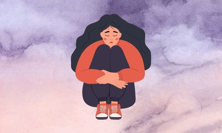 ilustração de mulher triste abraçando os joelhos ilustração de mulher triste