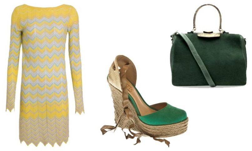 Vestido com zigue-zague amarelo, anabela verde e bolsa verde.