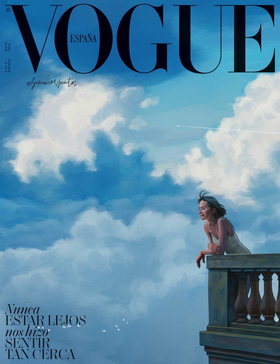 Vogue espanha ilustra uma mulher sozinha com um céu azul de fundo 