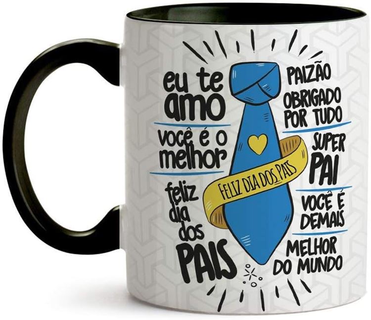 Caneca personalizada com frases sobre o Dia dos Pais e desenho de gravata azul e amarela