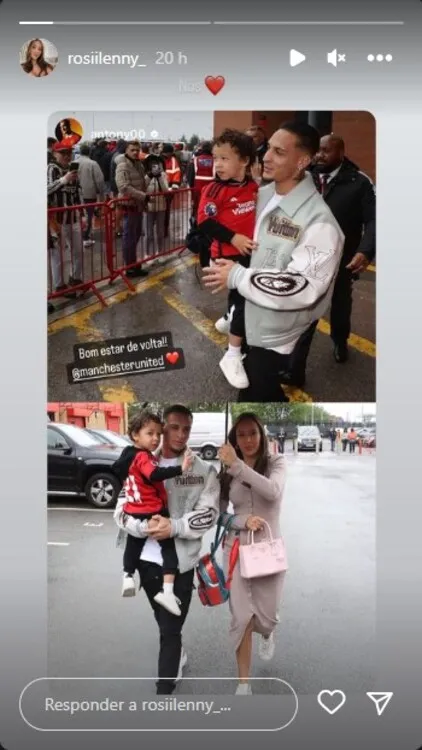 Stories do jogador Antony voltando para os treinos com sua família do lado