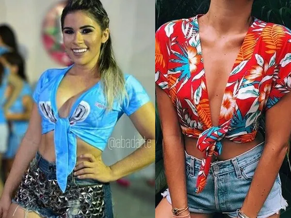 Montagem com duas fotos. A primeira mostra mulher de pele clara usando abadá azul customizado com nó e shorts jeans com tachas. A segunda mostra mulher de pele clara com cropped vermelho florido com nó e shorts
