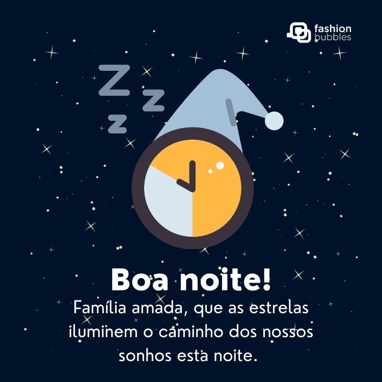 Cartão virtual de fundo azul com desenho de estrelas brancas, desenho de relógio com touca e frase "Família amada, que as estrelas iluminem o caminho dos nossos sonhos esta noite. Boa noite!"