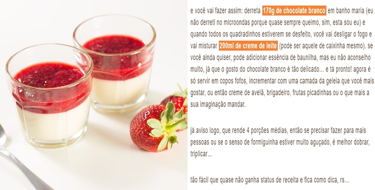 Opções de sobremesa para o Dia dos Namorados: Creme de chocolate branco.