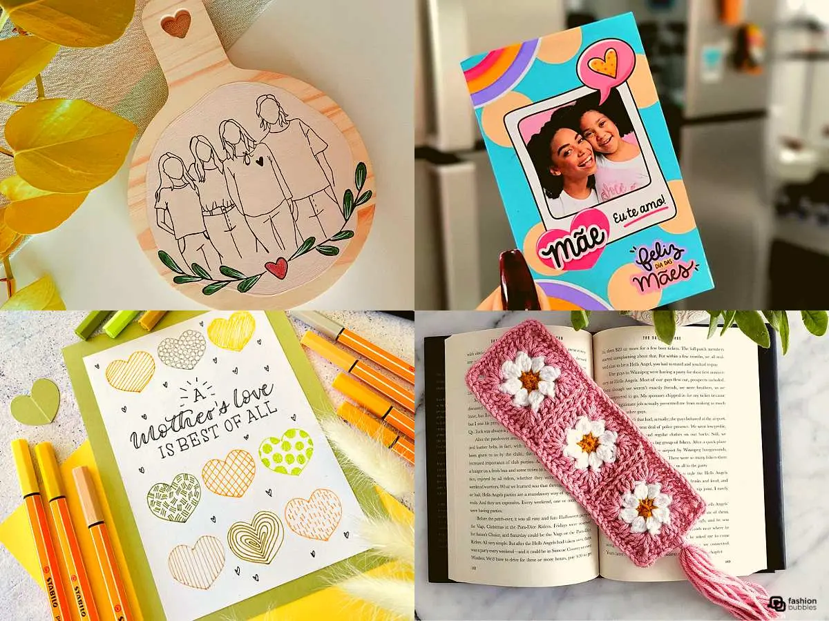 Montagem com 4 opções de lembrancinhas para presentear no dia das mães: tábua de corte personalizada, ímãs de geladeira feitos com fotos personalizadas, cartão personalizado feito à mão e marcador de livro de crochê.