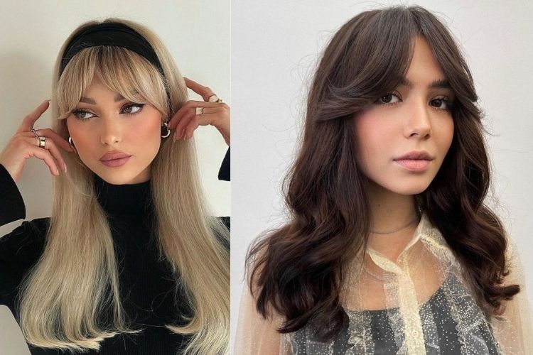 Duas fotos de mulheres de cabelo longo com bardot bangs cabelo liso