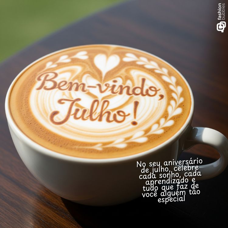 A imagem apresenta uma xícara de café com latte art, onde se lê "Bem-vindo, Julho!". Detalhes de folhas e um coração adornam a espuma. Ao lado, há uma mensagem de aniversário para quem celebra em julho, realçando sonhos e aprendizados.

