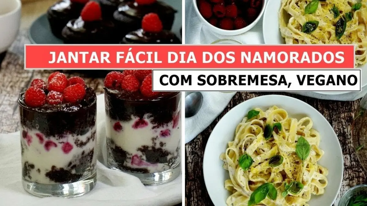Foto de sobremesa vegana em copo com framboesa e prato com macarrão