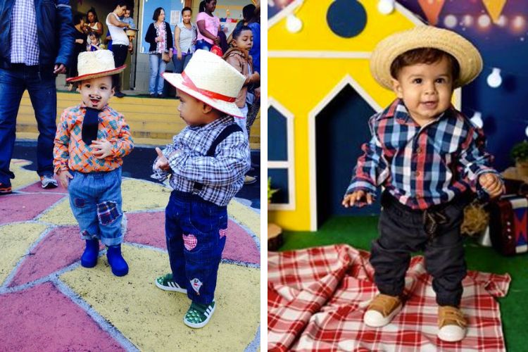 bebês meninos fantasiados de caipirinha