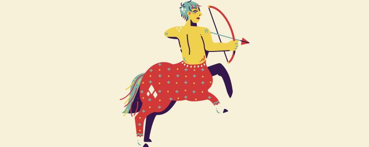 Fundo bege com símbolo do signo de Sagitário com horóscopo de hoje