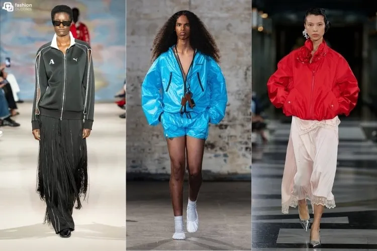 Modelos usando jaqueta esportiva, uma das tendências da London Fashion Week Primavera Verão 2027