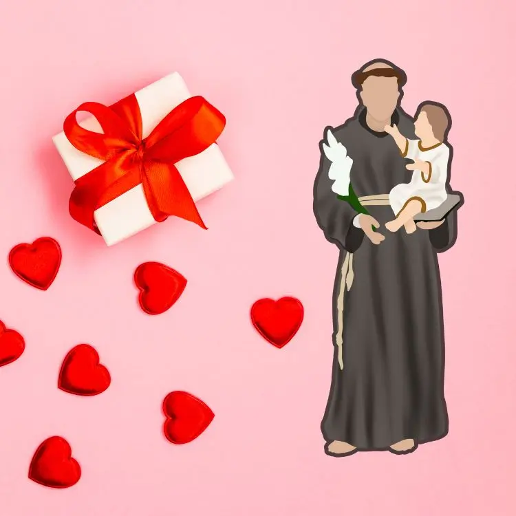 Fundo rosa com presente de Dia dos Namorados, corações e imagem de Santo Antônio
