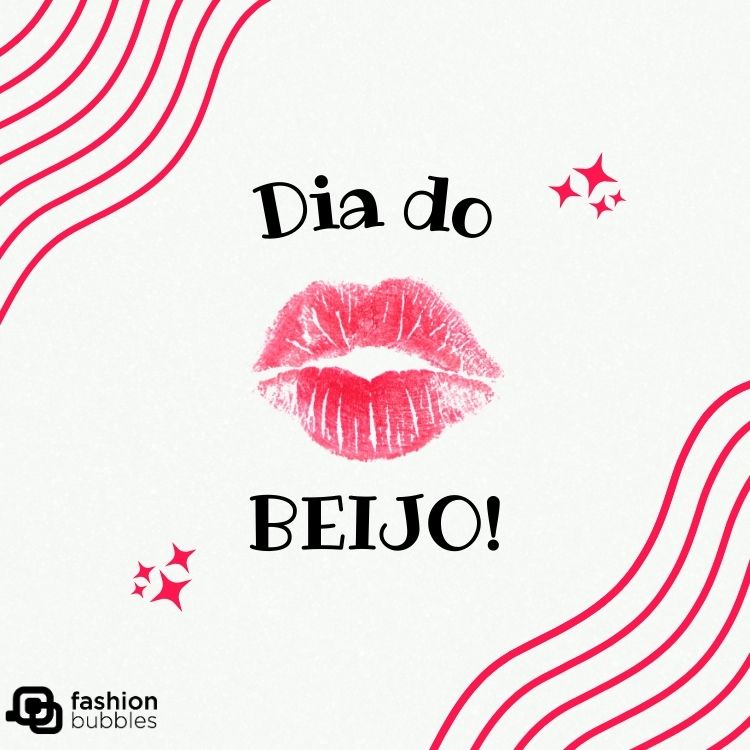 Montagem de fundo claro com linhas rosas, desenho de lábio com batom, brilho rosa e frase "Dia do Beijo"