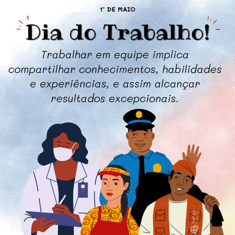 Frase "Trabalhar em equipe implica compartilhar conhecimentos, habilidades e experiências, e assim alcançar resultados excepcionais" do dia do trabalho em equipe escrita em fundo colorido com desenho de 4 trabalhares: médica, balconista, policial e coletor.