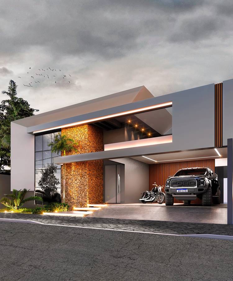 Fachada de casa moderna , com linhas retas e limpas, e é iluminada por luzes embutidas. A casa tem paredes brancas e texturas de pedra, uma garagem com um carro e uma moto, e janelas grandes.