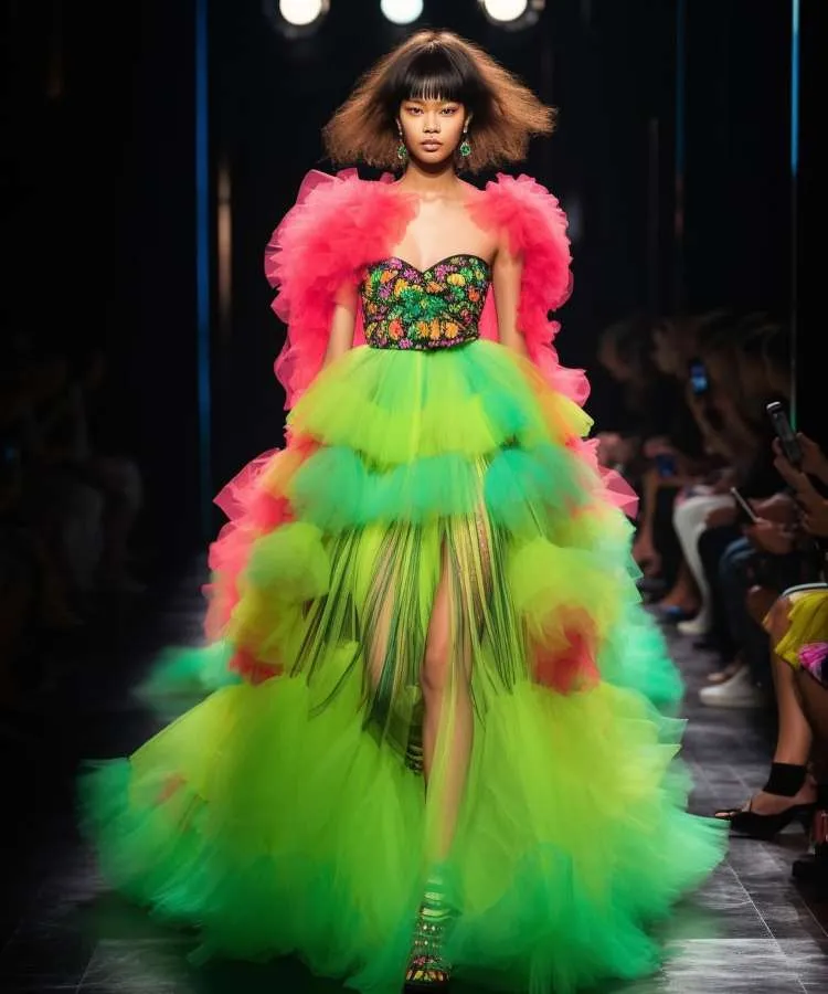Um modelo caminha na passarela em um vestido de baile verde limão e rosa choque, com um corpete floral. A saia volumosa e em camadas apresenta um corte alto na coxa, revelando pernas com maquiagem verde e sandálias combinando.

