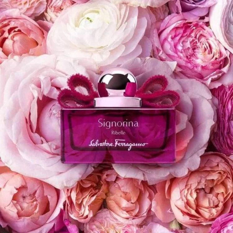 Um frasco de perfume "Signorina Ribelle" da Salvatore Ferragamo em tom de magenta intenso, com um laço de veludo vibrante no topo. Repousa sobre um leito de rosas em tons de rosa e branco, transmitindo rebeldia e feminilidade - perfumes femininos amadeirados.

