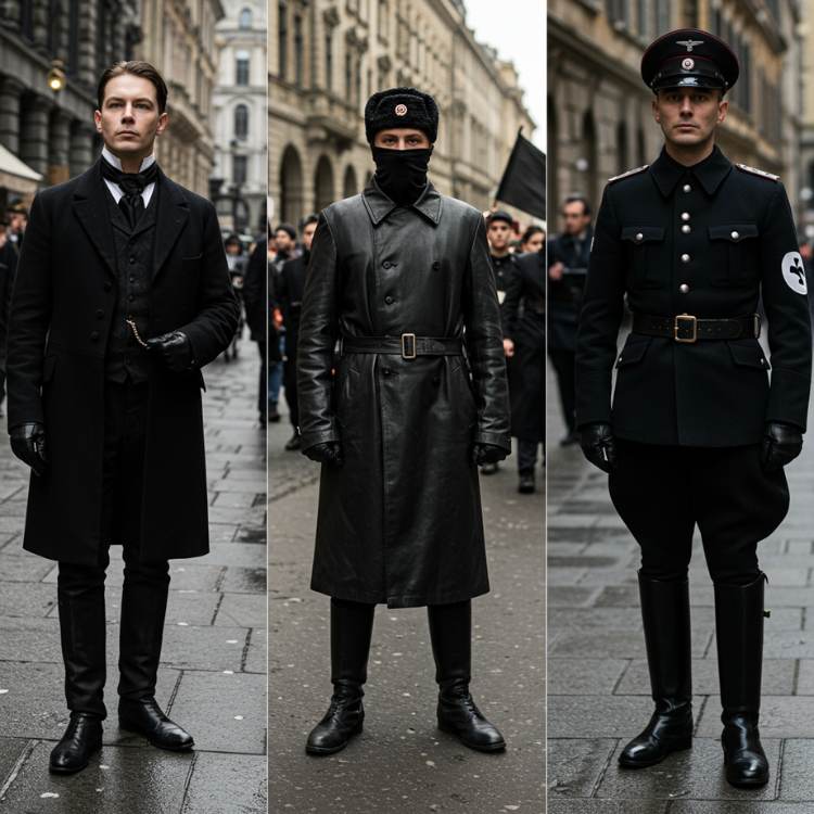 Três homens posam em um desfile. À esquerda, traje vitoriano preto; ao centro, casaco longo de couro e gorro militar; à direita, uniforme militar preto com insígnia branca. Rua histórica ao fundo.