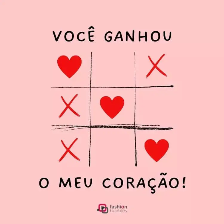 Cartão virtual com jogo da velha de corações e frase "Você ganhou o meu coração"