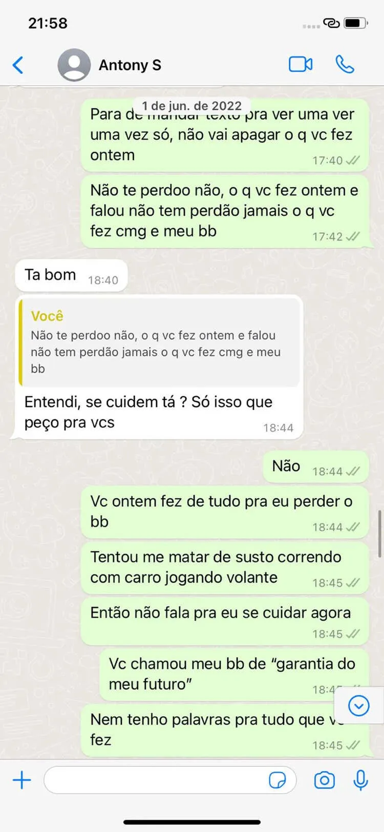 Print de uma conversa de Antony e Gabriela Cavallin