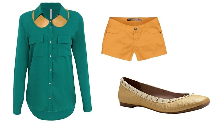 camisa verde, shorts curto amarelo e sapatilha.
