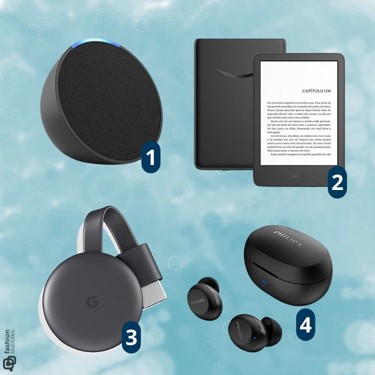 4 opções de eletrônicos diferentes para presentear, como Kindle, fones de ouvido e Alexa