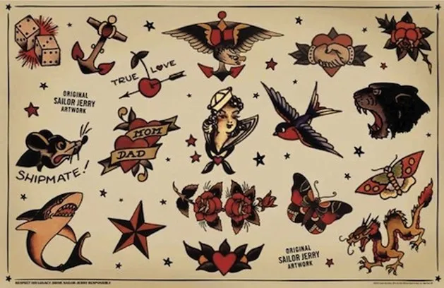 Diversas ideias de tatuagens old school, como dados, âncoras, borboletas, estrela e mais