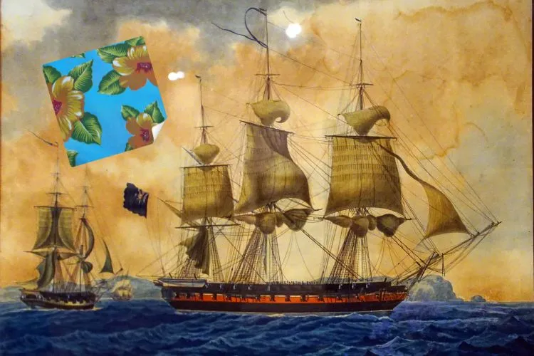 Representação artística dos portugueses trazendo a chita para o Brasil. 
