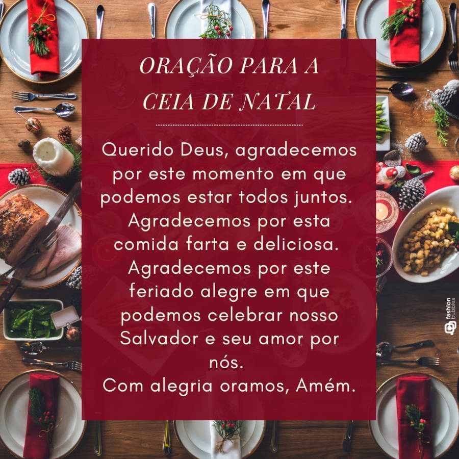 Foto de uma ceia de natal com uma oração para oo jantar em destaque