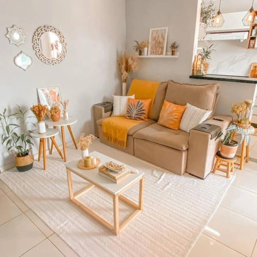Sala pequena com tapete branco.
