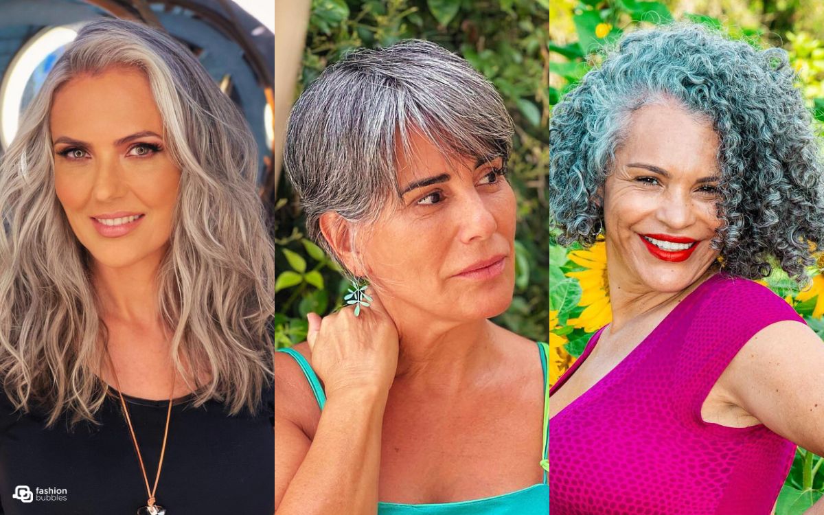 Montagem com 3 fotos de mulheres grisalhas, entre elas, Glória Pires, a atriz