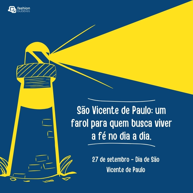 Card azul com desenho de farol amarelo e frase: São Vicente de Paulo: um farol para quem busca viver a fé no dia a dia.