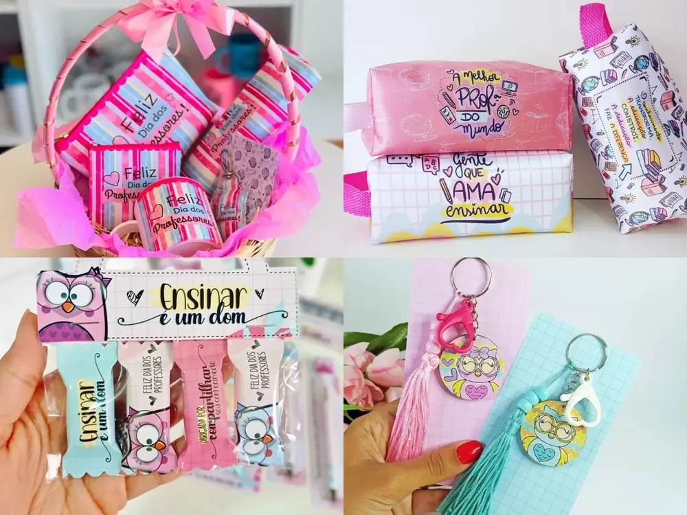 Foto de 4 tipos de lembrancinhas para Dia dos Professores: cesta com bolsas e canecas personalizadas, necessaires, chocolates e chaveirinhos.