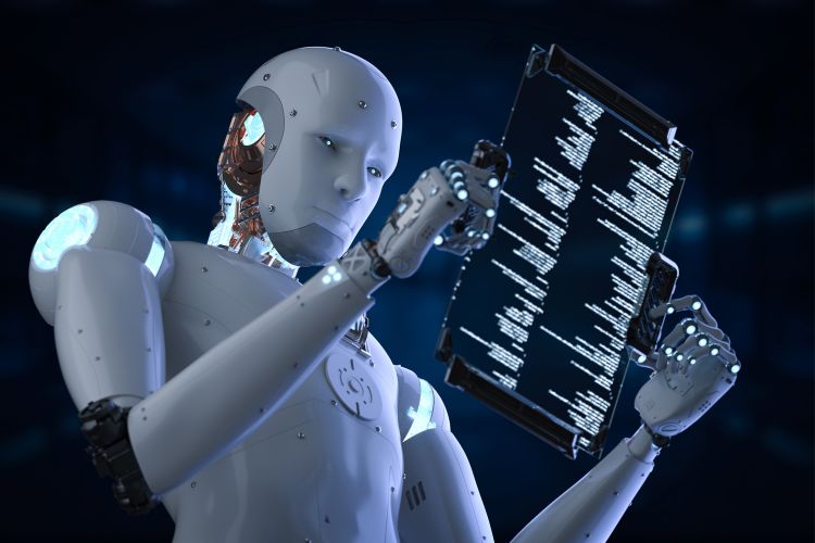 Robo segurando tela com textos