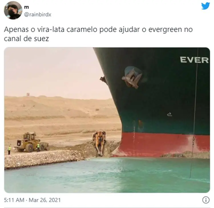 Foto de meme sobre o navio que encalhou no Egito. 
