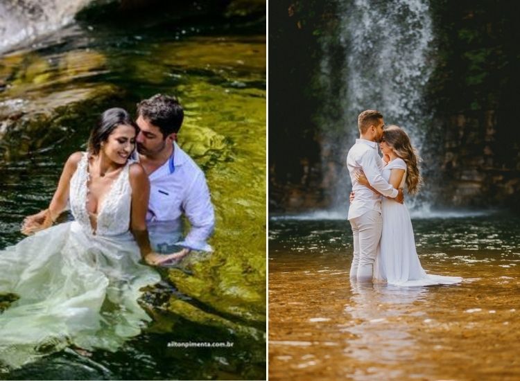 duas fotos de ensaio pré-wedding em cachoeira. As noivas usam vestidos leves, que ganham movimento na água ensaio pré-wedding em cachoeira