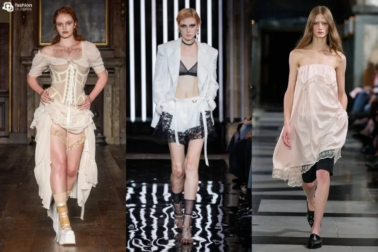 Modelos usando lingerie à mostra, uma das tendências da London Fashion Week Primavera Verão 2027
