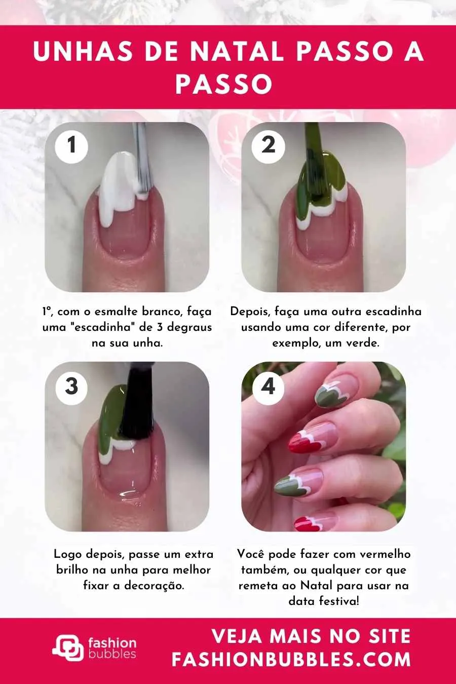 Fotos com passo a passo para fazer unha de Natal fácil: decoração natalina.