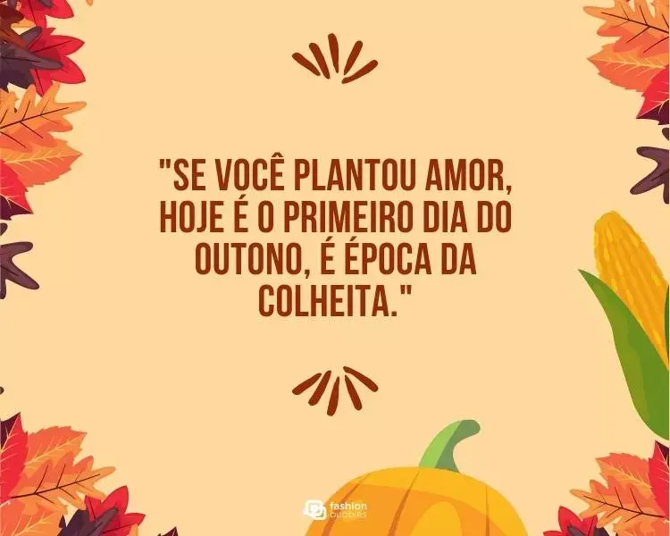 Card com fundo coral e folhas e milho nas extremidades, com frase "Se você plantou amor, hoje é o primeiro dia do outono, é época da colheita."