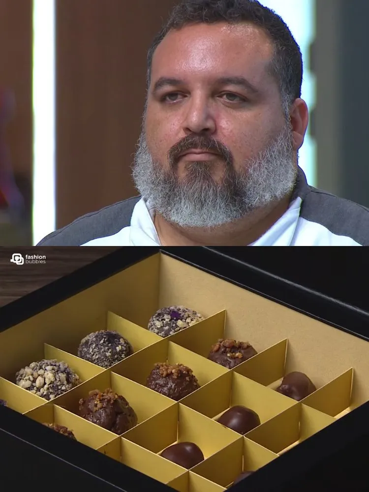 Montagem com prinst de Vinicius do MasterChef Profissionais e de sua caixa de bombons e trufas na qual culminou em sua eliminação dia 31/10