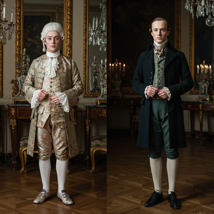 Retrato comparativo de dois homens em trajes de épocas distintas. À esquerda, um aristocrata do século XVIII, com roupa ornamentada, rendas e peruca branca. À direita, um dândi do século XIX, vestindo alfaiataria minimalista e elegante em tons escuros.