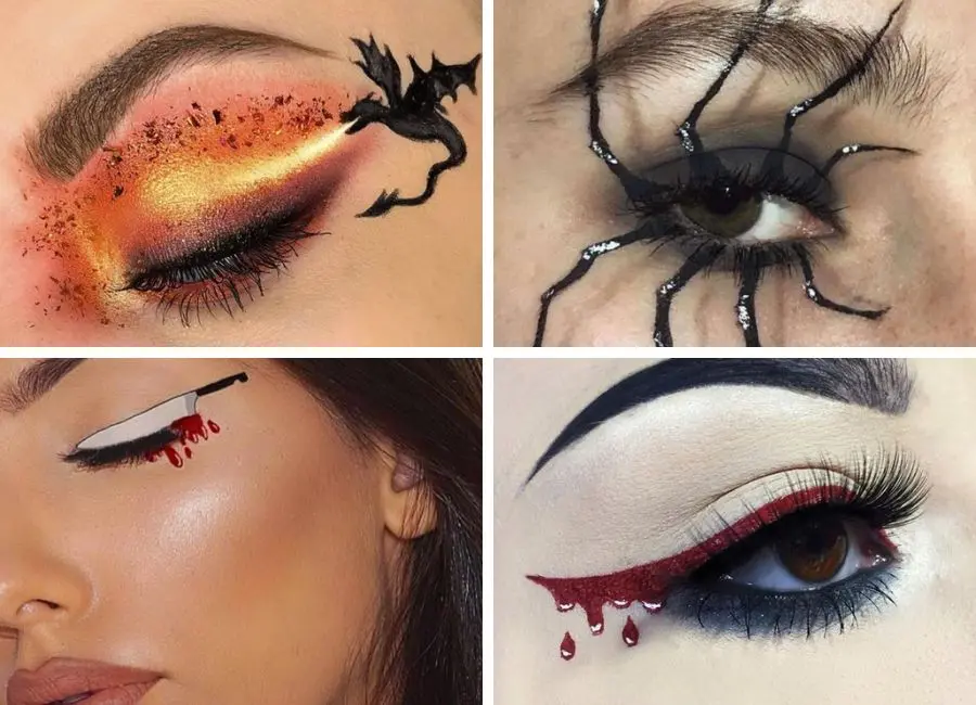 Montagem com 4 opções de delineado: dragão soltando fogo, aranha, faca com sangue e sangue escorrendo