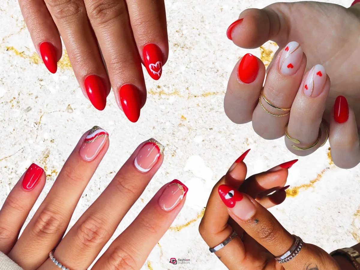Montagem com 4 modelos de unhas vermelhas decoradas